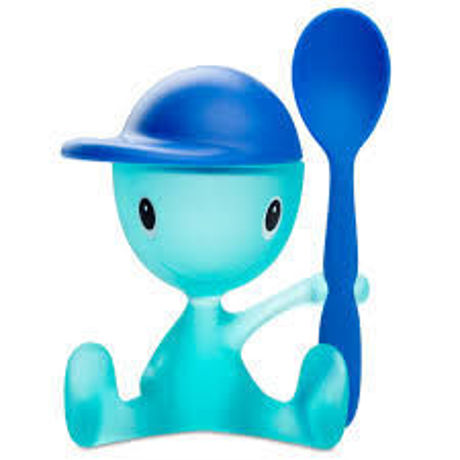 Picture of Alessi, Cico, egg cup with salt castor and spoon, blue, Stefano Giovannoni, 2000